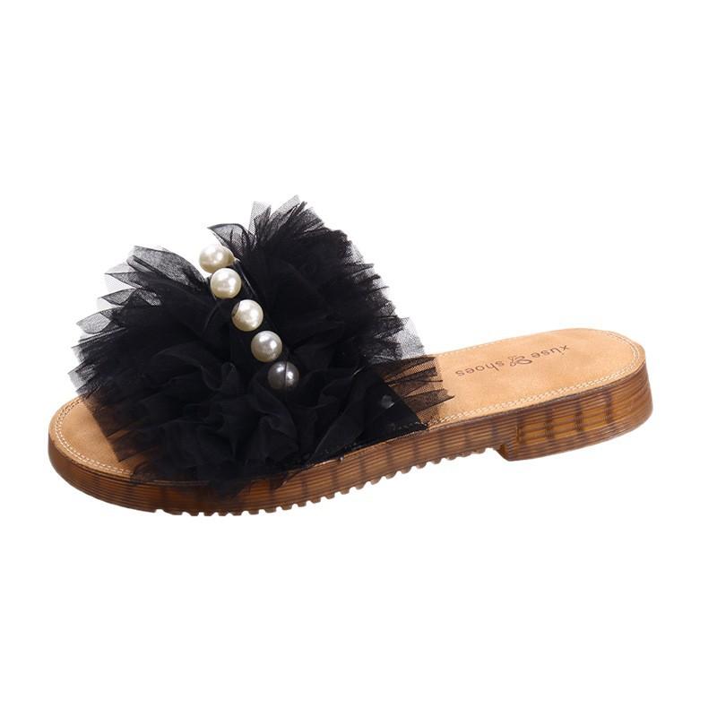 2025 Summer New Fairy Style Pearl Slippers Women Wear Flat Bottom Thin Bottom One Word Drag Beach Sandals with Skirt