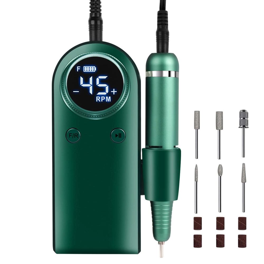 

Электрические дрели для ногтей, перезаряжаемые, 45000 об/мин, машина для напиливания ногтей с ЖК-дисплеем, 2 вращения, для акриловых ногтей, гелевых ногтей, маникюра USB Rechargable темно-зеленого