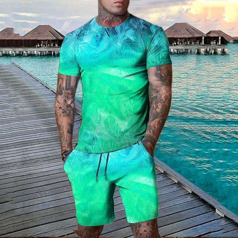 Men's Graphic Leaf Plant 2pcs Tees Sets Shorts and T Shirt Set T-Shirt Outfits  Outdoor Vacation Daily 3D Print 2 Piece Spring & Summer Blue Dark