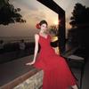 New red V-neck chiffon dress for women's summer lotus leaf edge waist holiday cake dress