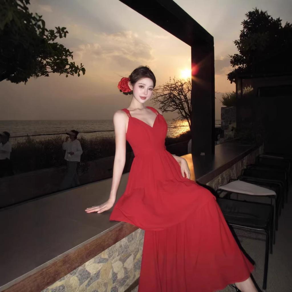 New red V-neck chiffon dress for women's summer lotus leaf edge waist holiday cake dress