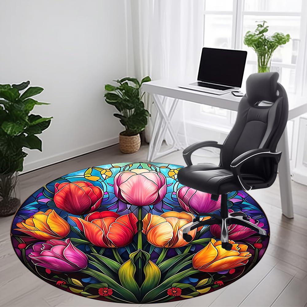 1pc Tulip StainedGlass Office Round Area Rug, Indoor Mat Suitable ForOffice, Under Office Chairs Bedroom Living Room Home Decor, D116