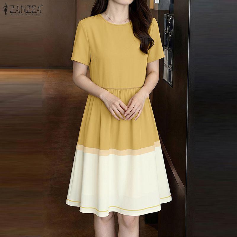 ZANZEA Women Casual Round Neck Loose Short Sleeve Patchwork Dress