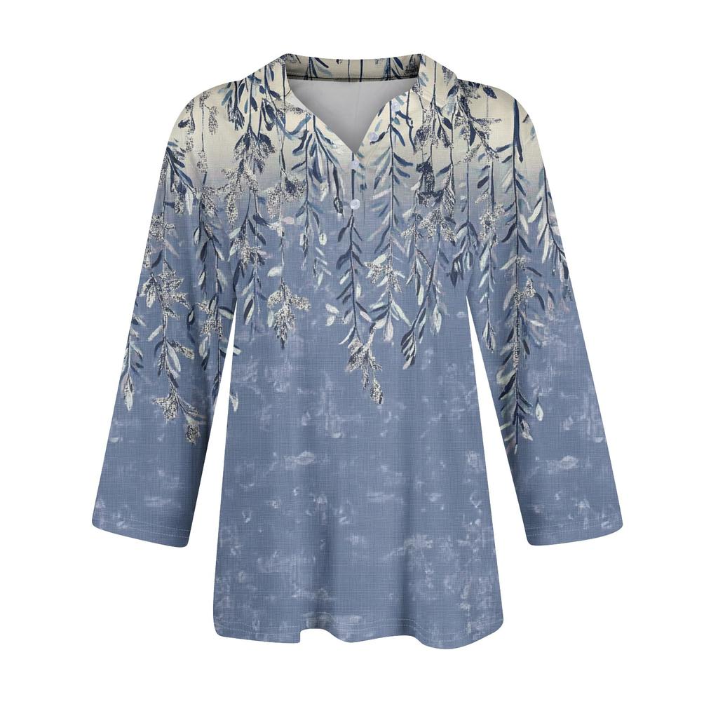 Women's Fashion Casual Lapel 3/4 Sleeve Print Shirt Women's Button Up Tops
