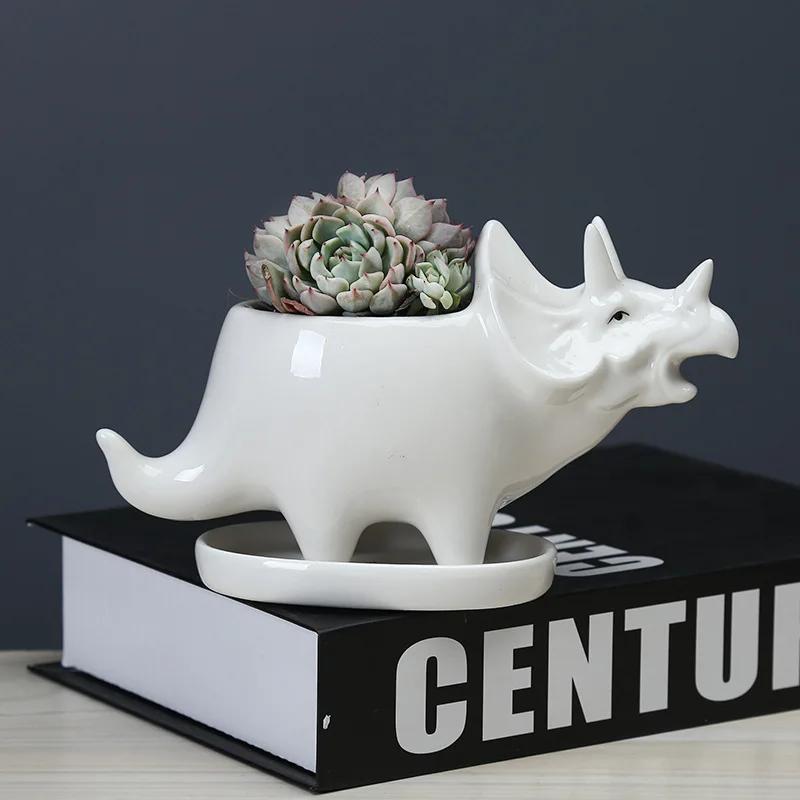 Ceramic Triceratops Planter with Tray, Creative Dinosaur Statue Garden Pot for Succulents Flower Pots Home Office Desktop Decor