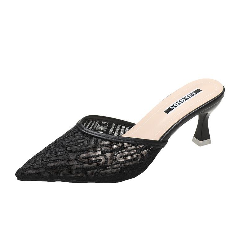 Huge good-looking thin heel pointed head embroidered semi-breathable one-piece light crystal heel comfortable semi-drag high-heeled women's shoes