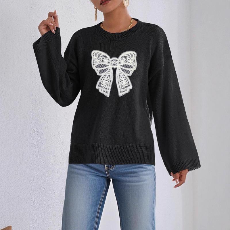 Three-dimensional Lace Bow Spliced autumn and Winter Loose Comfortable Casual Solid Color Long-sleeved Top Round Neck Pullover
