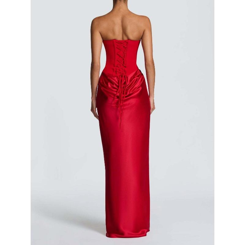 New Solid Color Waist Sexy Tube Top Hip Long Dress Dress Satin Lace-up Streamer Dress