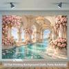 Luxury Palace Corridor Tapestry, Pink Rose & Ocean View Background Cloth, Wedding Backdrop