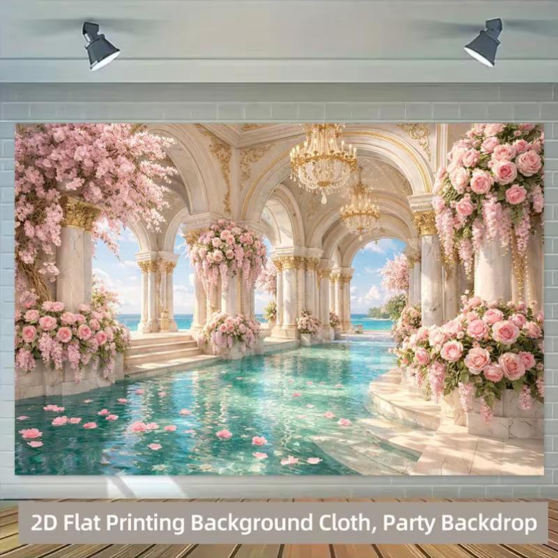 Luxury Palace Corridor Tapestry, Pink Rose & Ocean View Background Cloth, Wedding Backdrop