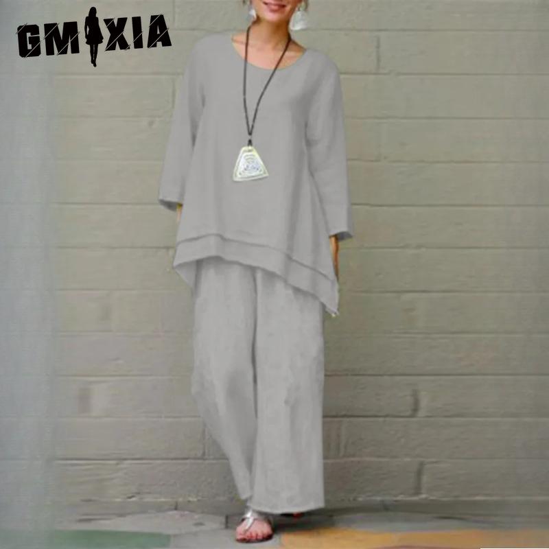

Женский однотонный винтажный брючный костюм GMXIA, повседневный хлопковый комплект из хлопка и льна с длинным рукавом и свободного кроя XXXXXL серый