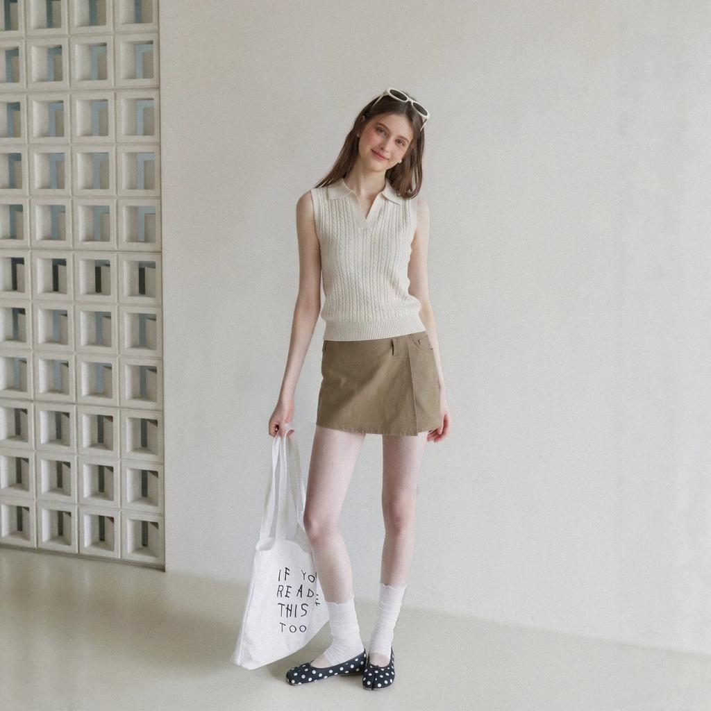Apricot twist V-neck knitted sling vest women's summer new slim polo neck sleeveless top