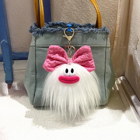 Keychain Cartoon Plush Doll Wearing Big Bowknot Decor Big Mouth Design Charm Key Chain