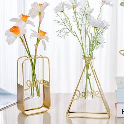 Metal Flower Vase Stand Transparent Glass Vase Love Gifts Desktop Household Ornament  Nordic Style Home Decor Office Decoration