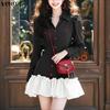 VONDA Women Casual Round Neck Puff Sleeve Patchwork Ruffled Hem Mini Dress