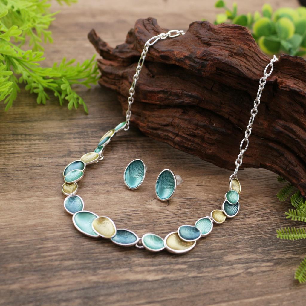 New Color Painting Oil Oval Petal Stud Earrings Necklace Set Women's Versatile Flower Stud Earrings Necklace Set