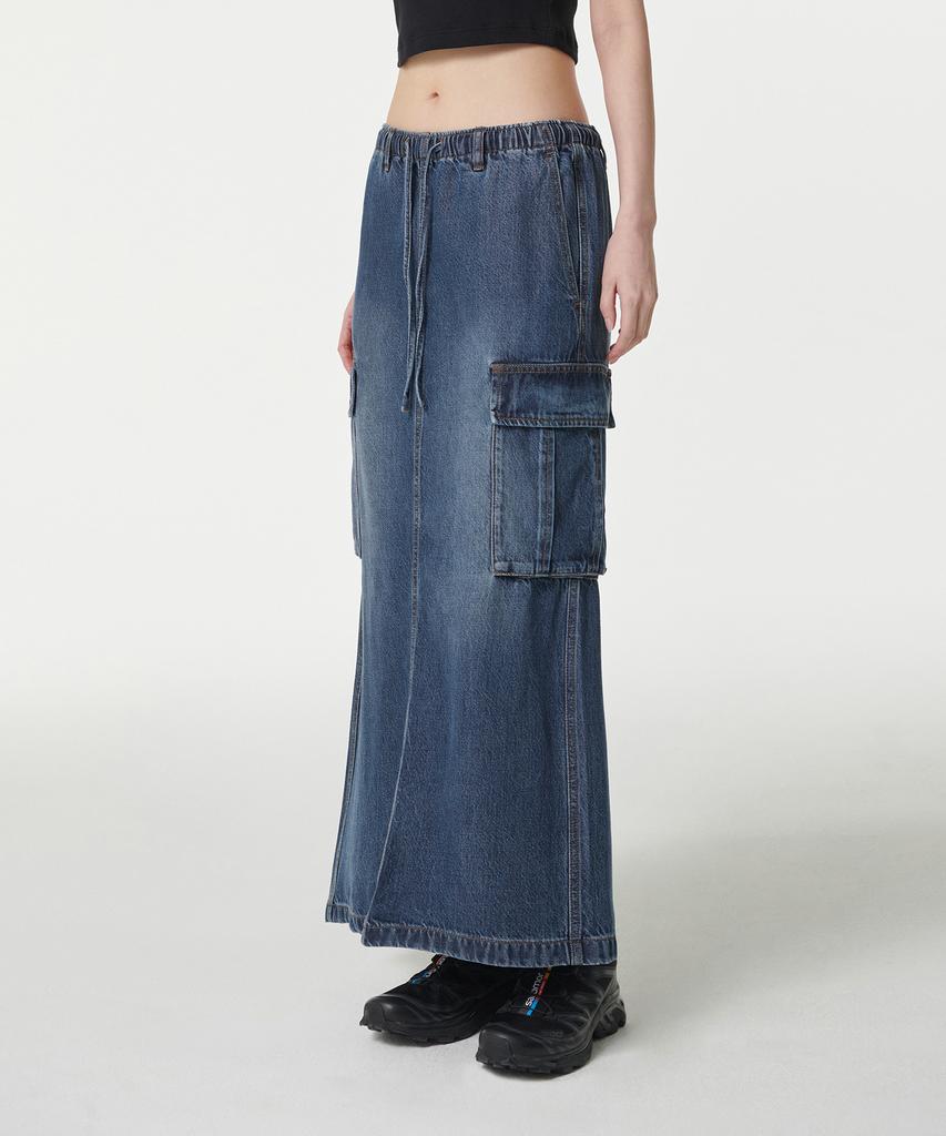 Musinsa Standard Woman Women'S Denim Cargo Elastic Waist Maxi Skirt [Medium Indigo]