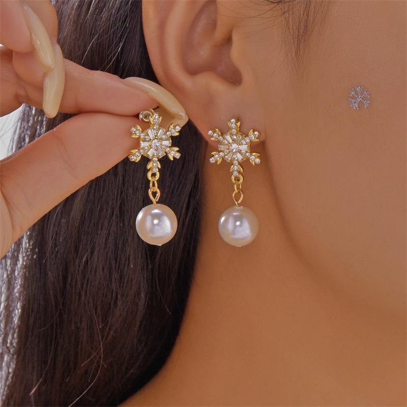 Glamorous Sparkling Snowflake Stud Earrings with Crystal Zircon Pearl Dangle; Ideal Long Tassel Earring Christmas Gifts