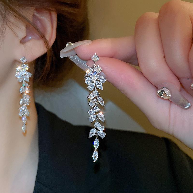 Silver Needle Diamond Water Drop Tassel Earrings - Elegant Court Style, Versatile & Luxurious Design.