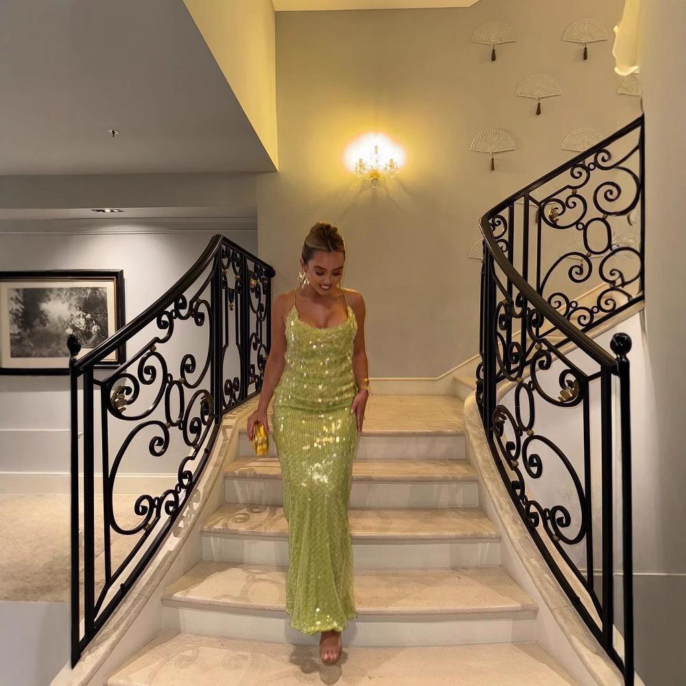 Sequin Halterneck Backless Long Dress - Sexy Slim Fit for Women