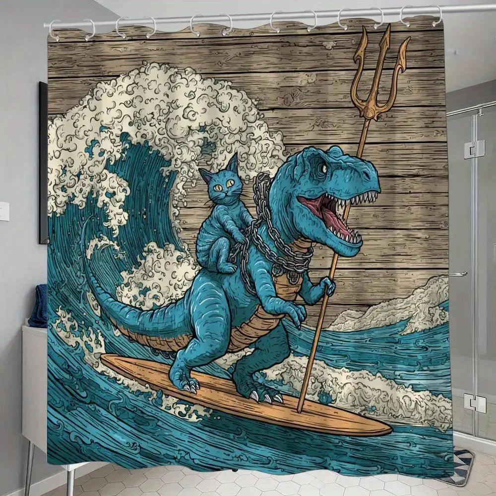 

Fantasy Dinosaur Surfing Shower Curtain – Illustrated T-Rex & Cat On Wave, Trident, 12 Hooks, 70.87×70.87 Waterproof Bath Decor W60H190(CM)-1 Pcs