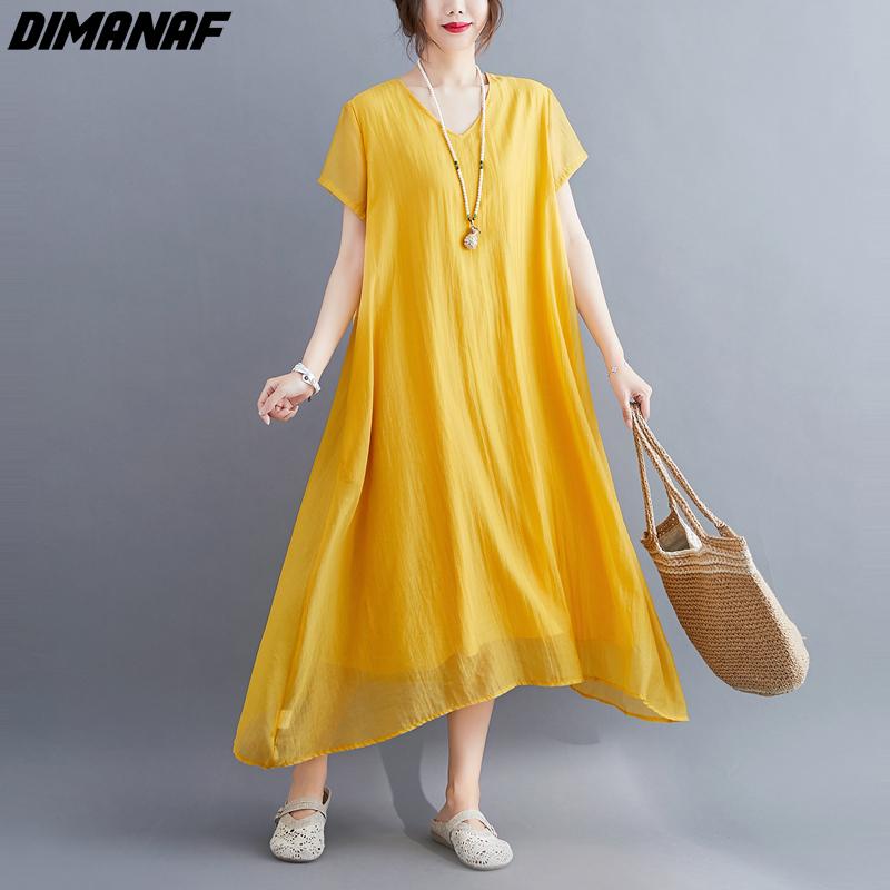 

DIMANAF, лето 2022, модное женское элегантное однотонное длинное платье больших размеров, плиссированное льняное свободное платье, свободная одежда