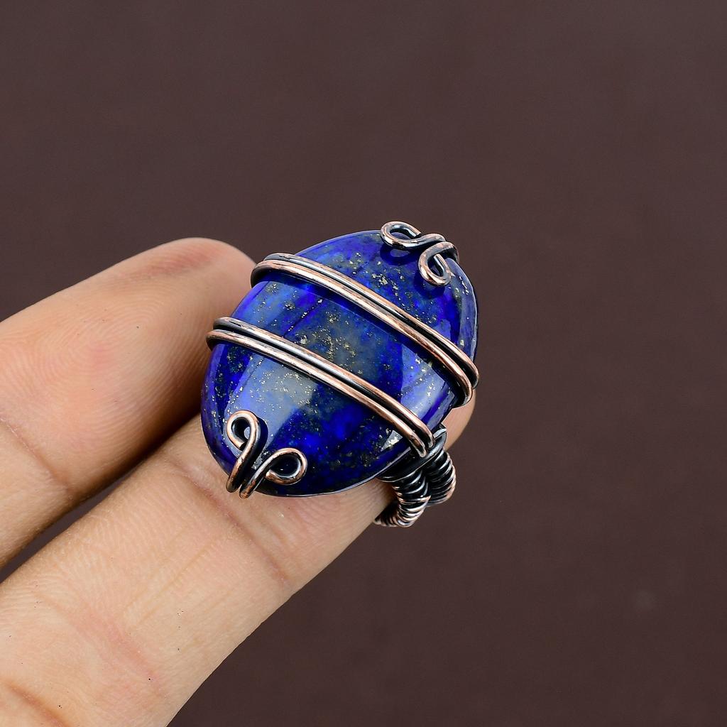 Natürlicher Lapislazuli Edelstein Handgefertigter Kupferdraht Wickelring Größe 5.5 H5d62