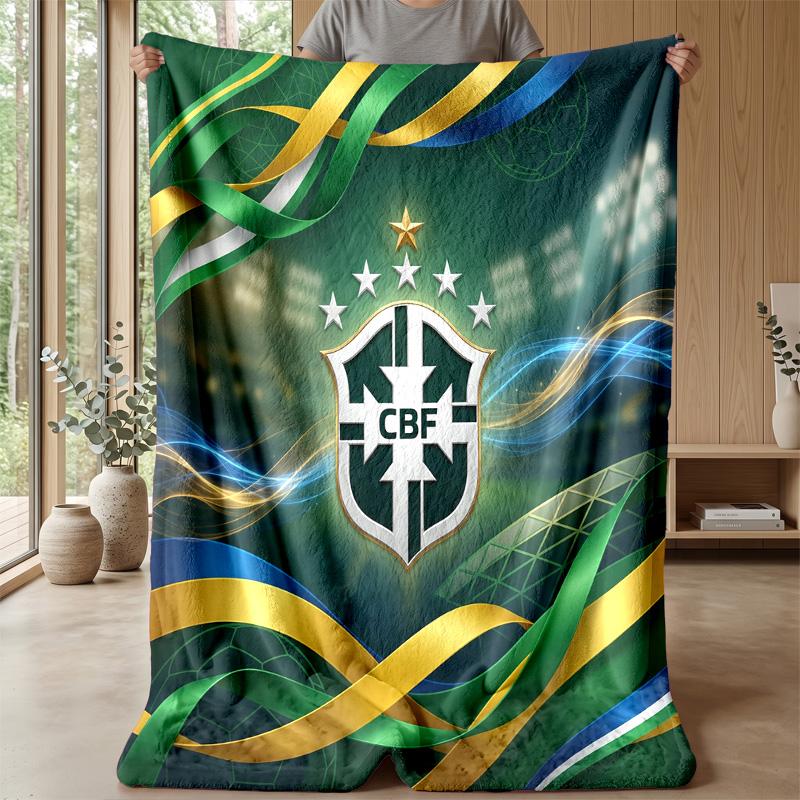 Brazil Football Printed Flannel Blanket Skin Friendly Warm Decorative Throw for Indoor Couch Bed Daily Use