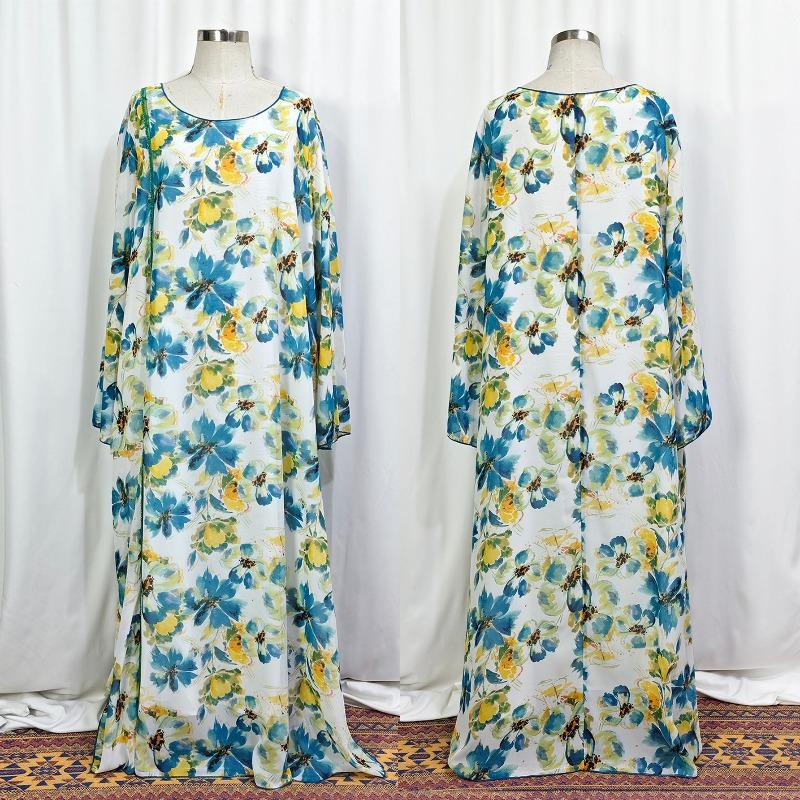 Large Size Women's Long Dress Fashion Beaded Chiffon Printing Loose Casual Flared Sleeve Dress