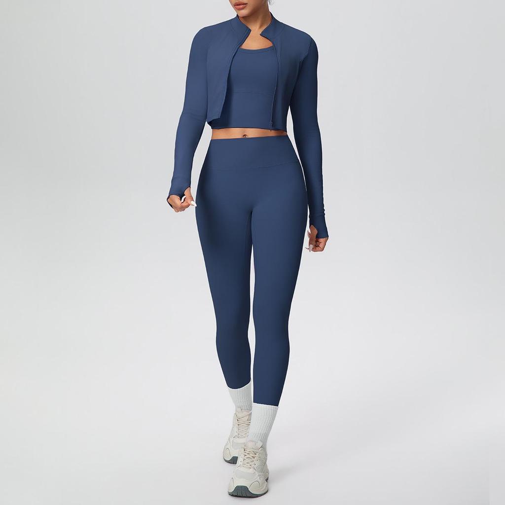Three-Piece Yoga Set: Cross-Back Sports Tank, Zipper Jacket, High-Waisted Butt Lifting Leggings