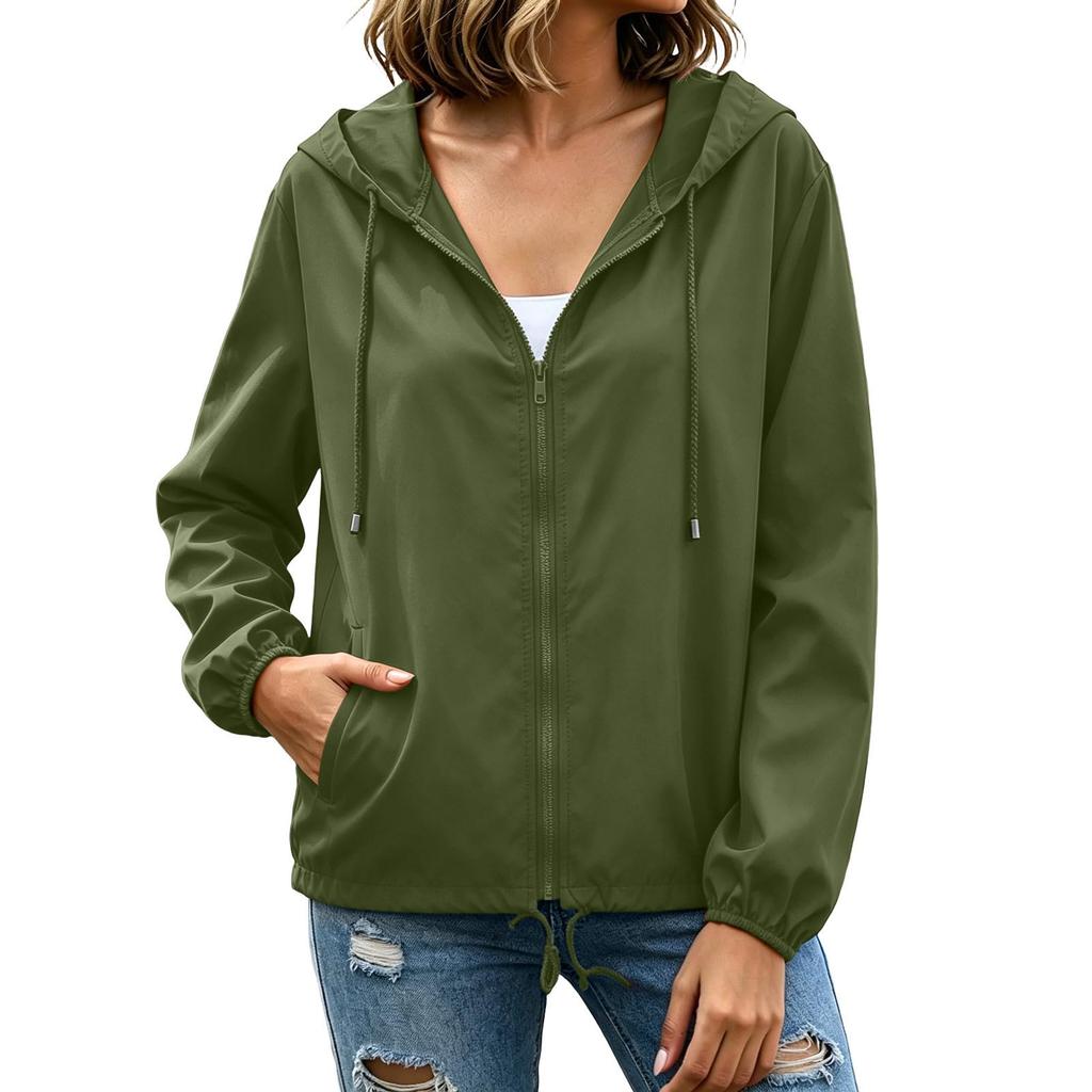 Womens Waterproof Windproof Hooded Jacket Lightweight Zip Up Outdoor Raincoat with Adjustable Drawstring Hem and Elastic Cuffs
