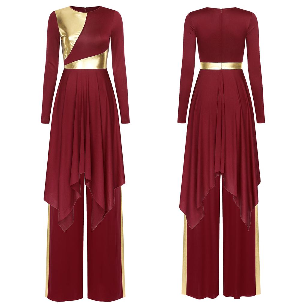 Ladies Long Sleeve Liturgical Dance Dress Metallic Color Block Irregular Hem Wide Leg Pants Church Worship Wear