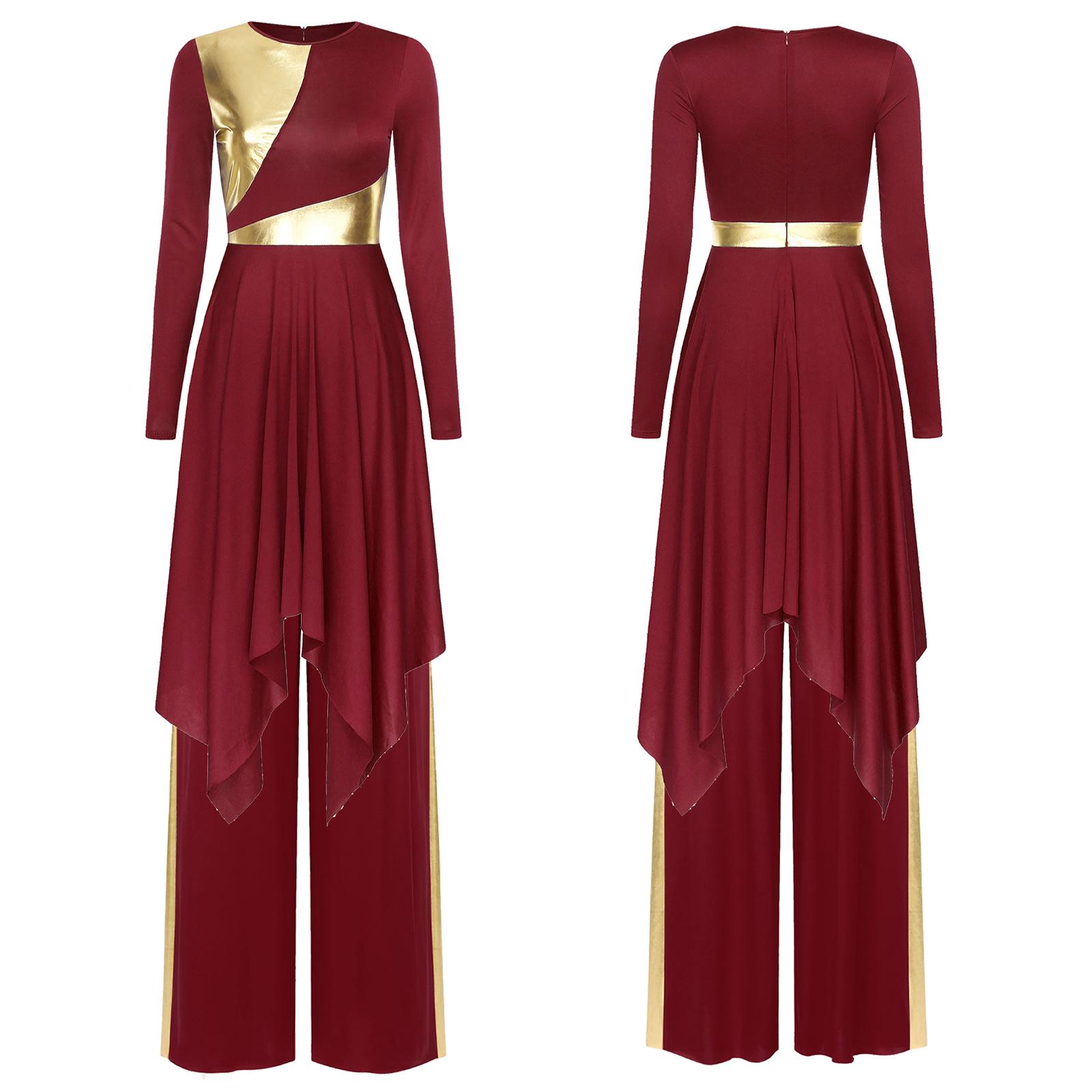 

Women s Liturgical Dance Outfit S-XXL: Long Sleeve Irregular Hem Metallic Color Block Dress with Wide-Leg Pants for Church Worship XXL бордовий