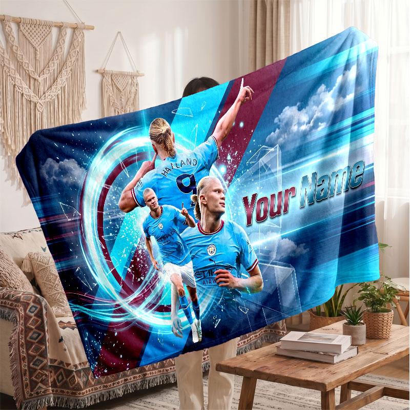 Erling Haaland Personalisierte Fleecedecke Mit Fußballlogo, Individueller Name Text Weich Warm Wohnzimmer Überwurfdecke