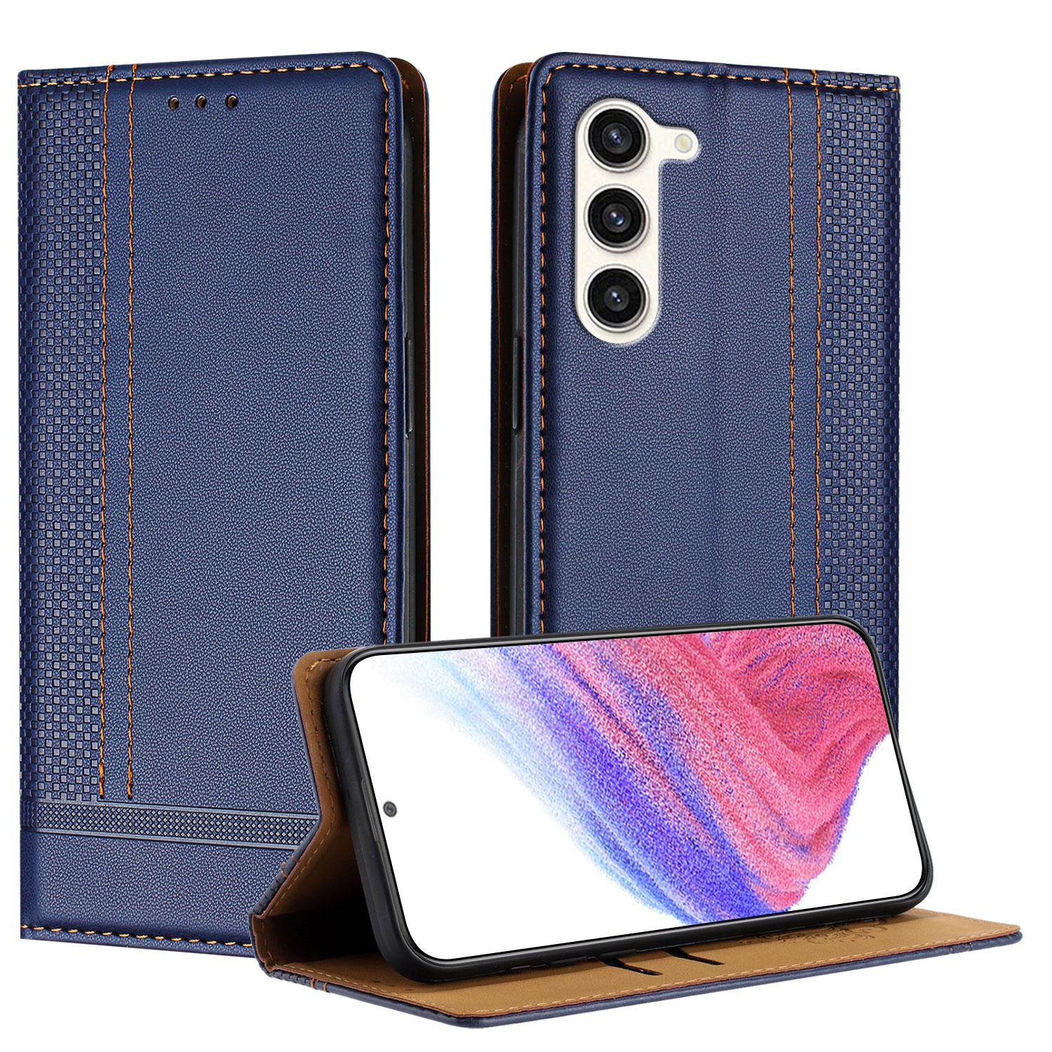 

For Samsung Galaxy S23 Case L-Shaped Grid Pattern Leather Stand Phone Cover with Card Slots Blue