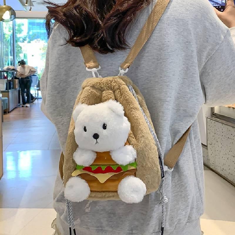 Niedlicher Burger Bär Rucksack Cartoon Plüschpuppe Umhängetasche Gelb Braun Weiß Weiche Stickerei Frauen Geschenk