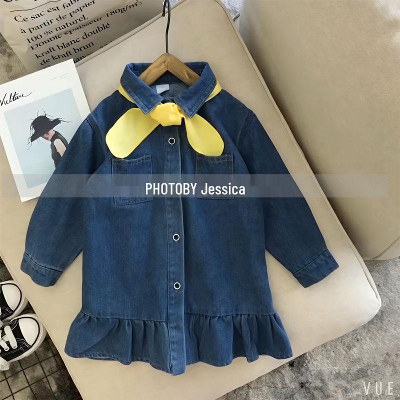 Korean Style Ruffle Denim Skirt Dress for Girls - Spring & Autumn Long Sleeve Trend