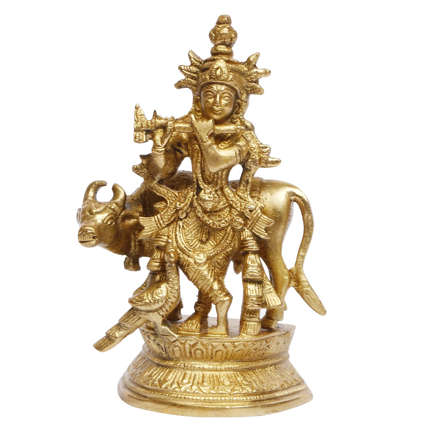 Lord Krishna With Cow Idol In Flute Playing Posture On Beautiful Murti- 5.5 Inch