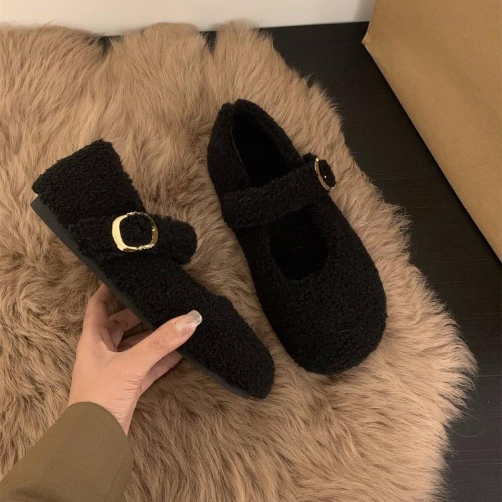 Fashion Fashion Square Toe Fleece Flet Ballet Flats Woman Winter Warm Wool Mary Jane Shoes Ladies Brand Design Elegant Plush Loafers