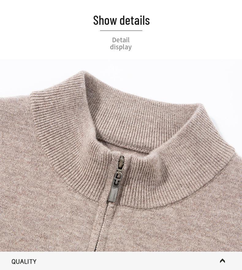 Winter 2025 Men's Warm Wool Sweater, Half-High Collar, Zipper, Solid Color, Thick Knit Base Layer