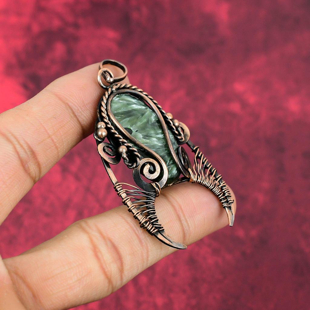 Seraphinite Pendant Copper Wire Wrapped Gemstone Pendant Handmade Copper Jewelry Latest Design Pendant Wire Wrapped Jewelry Gifts For Mother