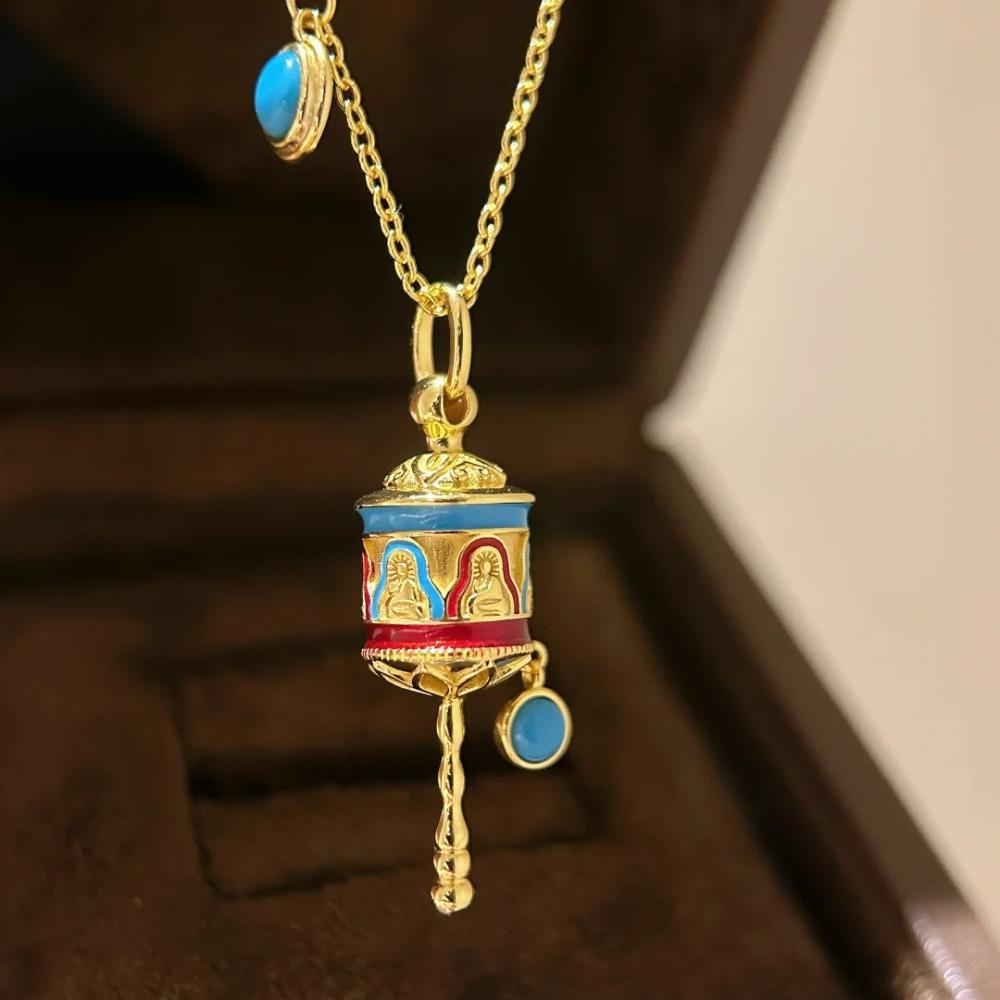 

Vintage Tibetan Style Golden Enamel Necklace Women Prayer Wheel Drum Pendant Artificial Turquoise Collarbone Jewelry