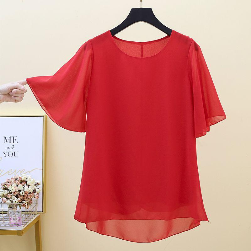Large Size Chiffon Shirt Women's Short Sleeved Mom Outfit Summer Loose Top Round Neck Base Shirt