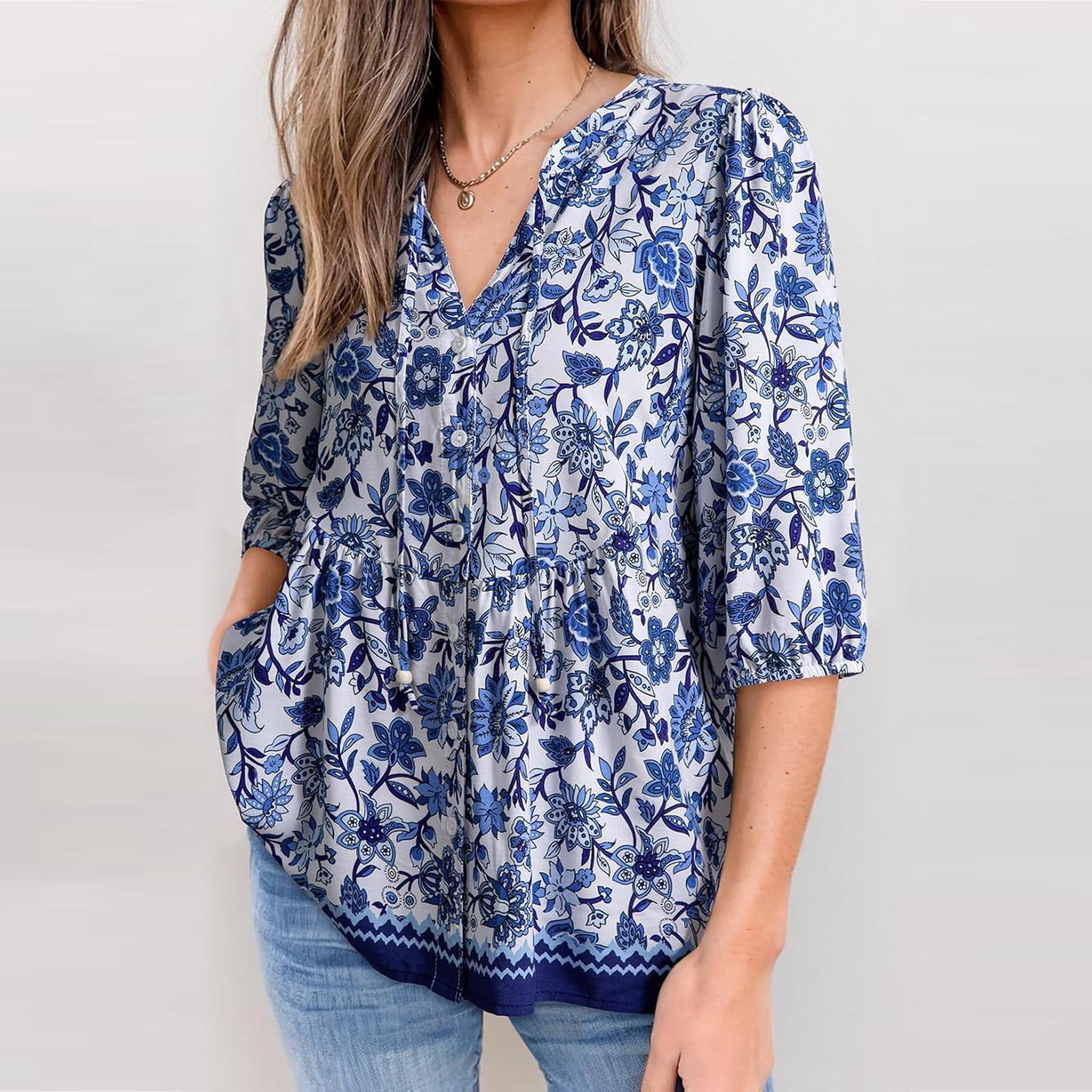 Women s Casual Comfortable Drawstring Summer Floral Short Sleeve Top S синий