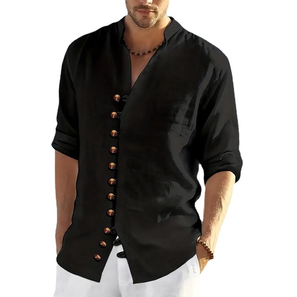 Chemise en coton et lin multi-boutons, couleur unie, manches longues, col Henley, plage, vêtements de vacances hawaïens, Streetwear, chemises médiévales Vintage