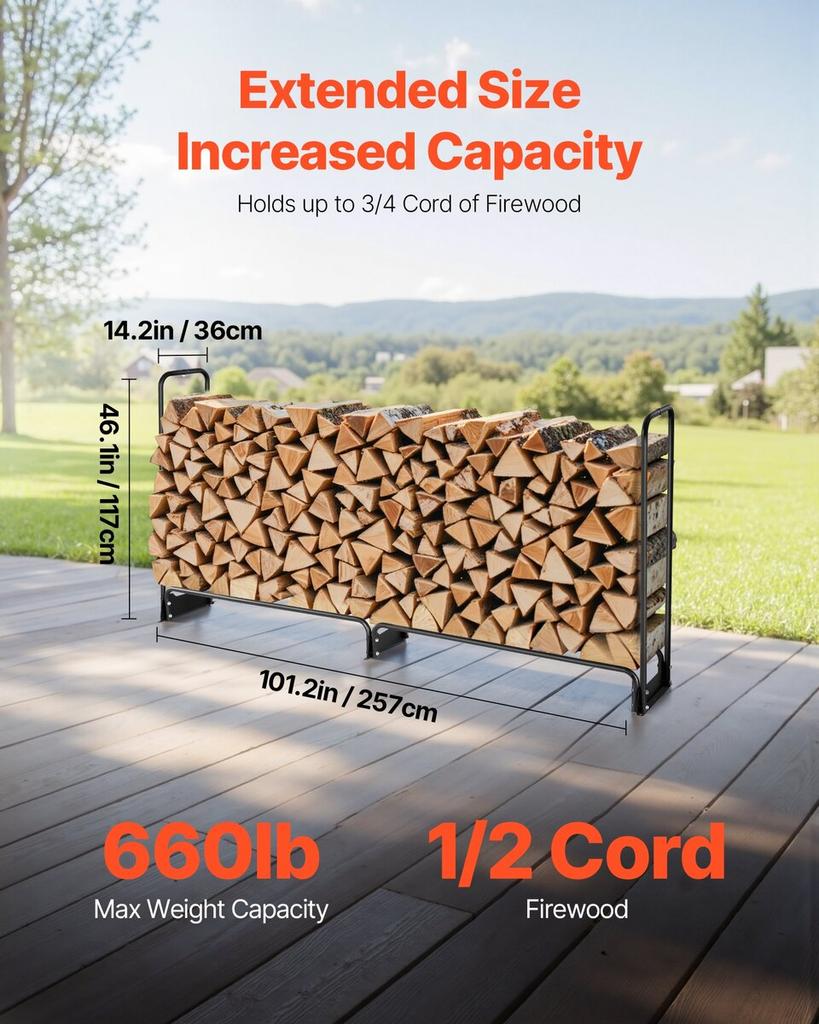8.5FT Outdoor Firewood Rack with Cover, 102x14.2x46.1 in, Heavy Duty Firewood Holder & 600D Oxford Waterproof Cover for Fireplace, Patio,