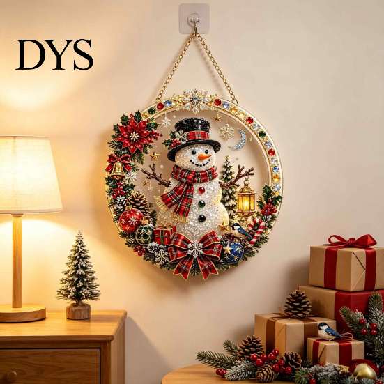Christmas Tree Hanging Ornaments Xmas Snowman Ornament, Round Acrylic Santa Reindeer Seasonal Party Decor Door Sign for Festive Window Wall