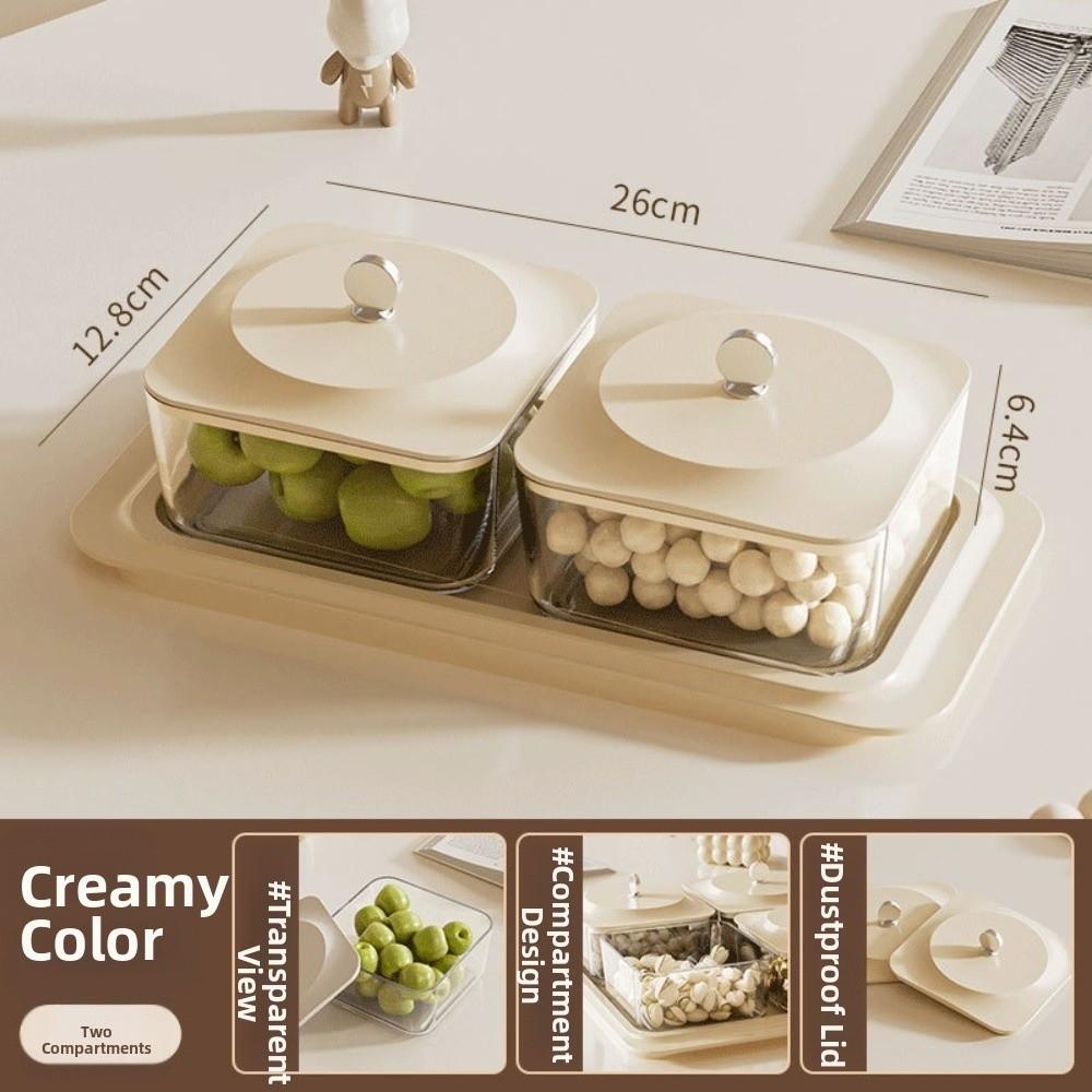 with Tray & Lid Snack Storage Box Wood Grain Nuts Candy Fruits Organizer  Household 2 grid Beige