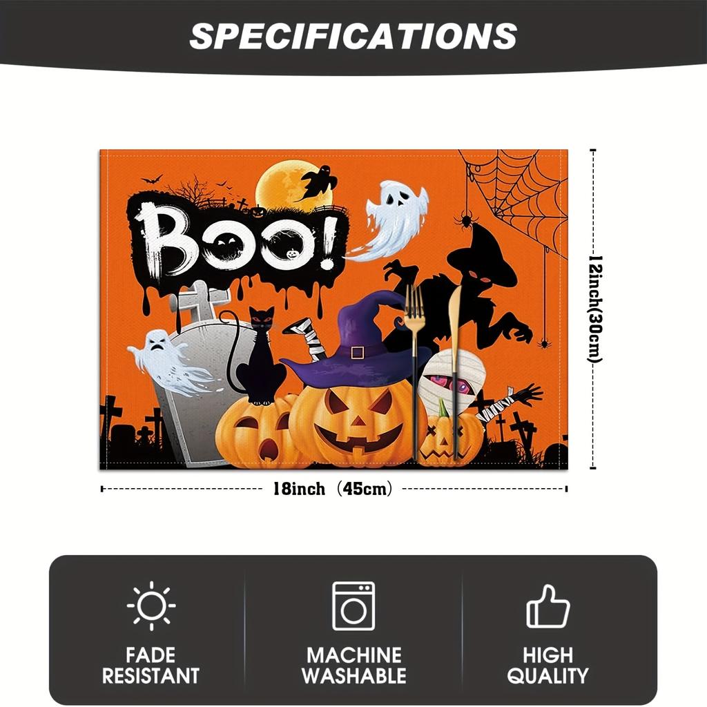 4/6pcs Trick Or Treat Kitchen Decor Linen Placemats, Ghost Pumpkin Spider Web Halloween Table Mats for Dining Table, Suitable for Daily Use, Holidays,