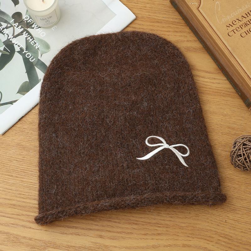 Sweet and Cute Bow Embroidered Drawstring Cold Hat Autumn and Winter Fashion Versatile Pullover Hat Windproof and Warm Wool Hat Korean